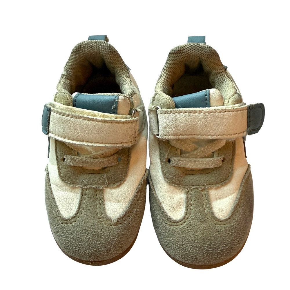 First Steps Toddler Sneakers Size 5 White Gray Blue Lightning Bolt Velcro